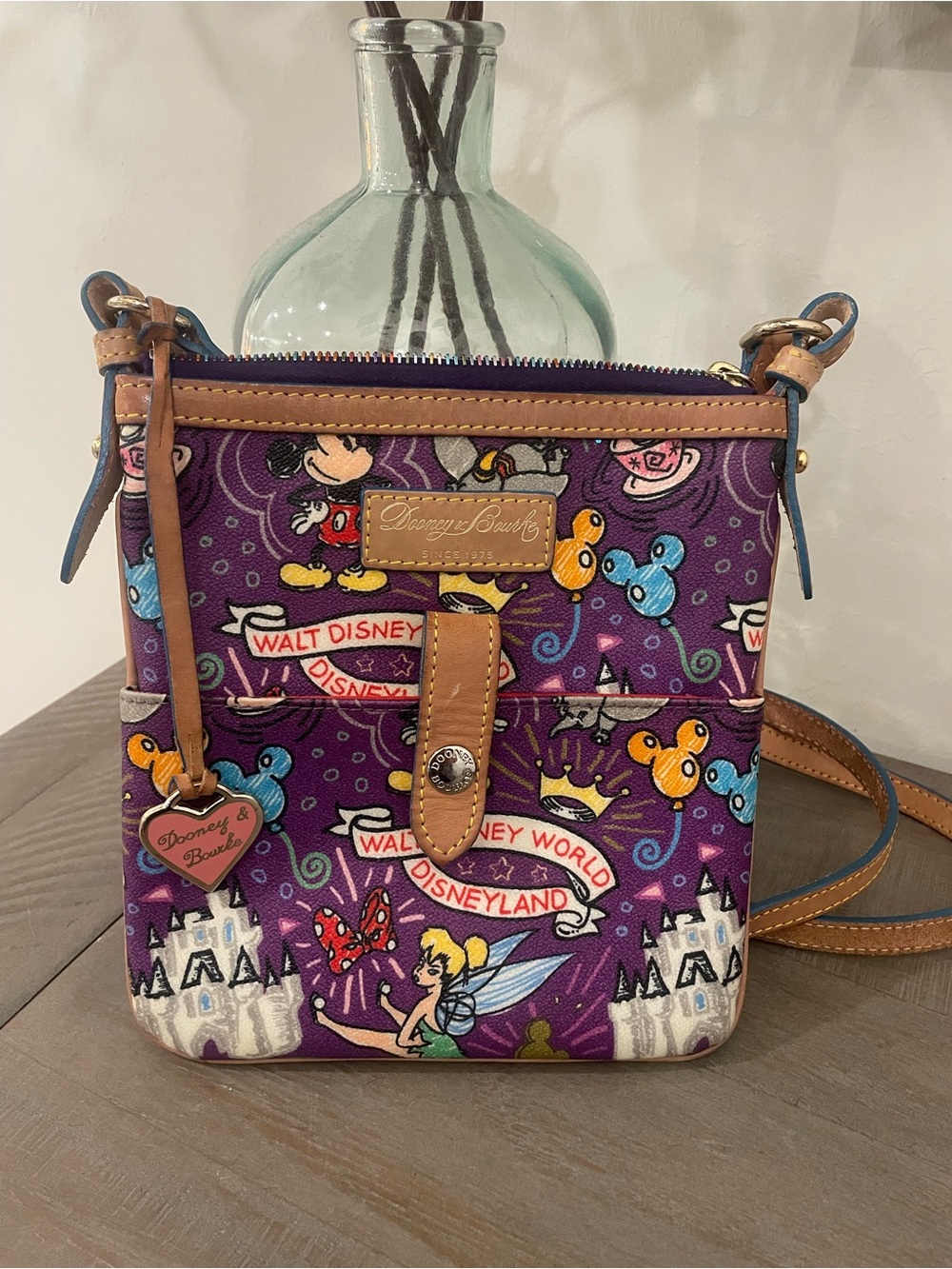 Dooney & Bourke Purple Disney Print Crossbody with Tan Trim
